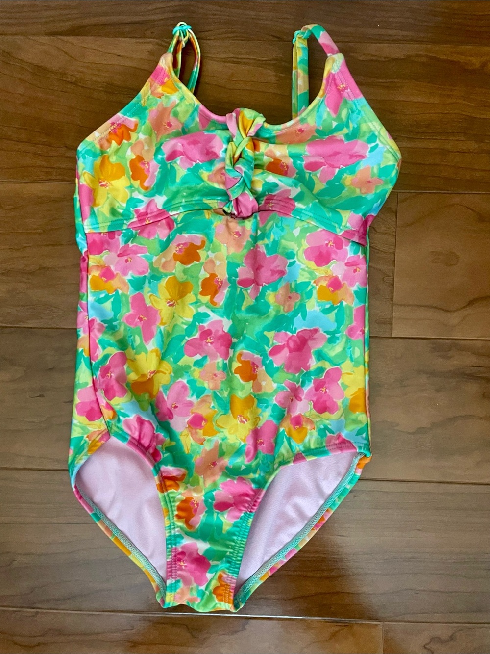 Cat & Jack Green One-Piece Swimsuit with Pink & Yellow Floral Print toddler 6-7